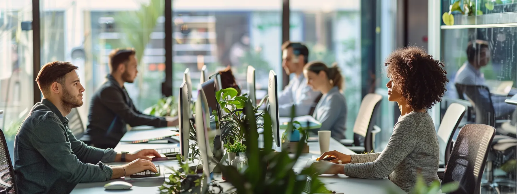 a group of professionals in a modern office setting, each focused on their computer screens, engaged in a collaborative search for files across various file sharing platforms.