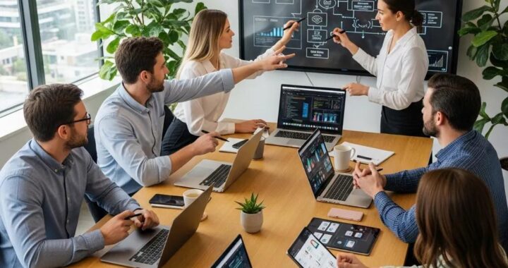 Professionals collaborating on business technology solutions in a modern office