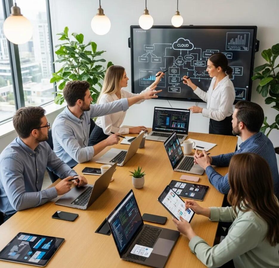 Professionals collaborating on business technology solutions in a modern office